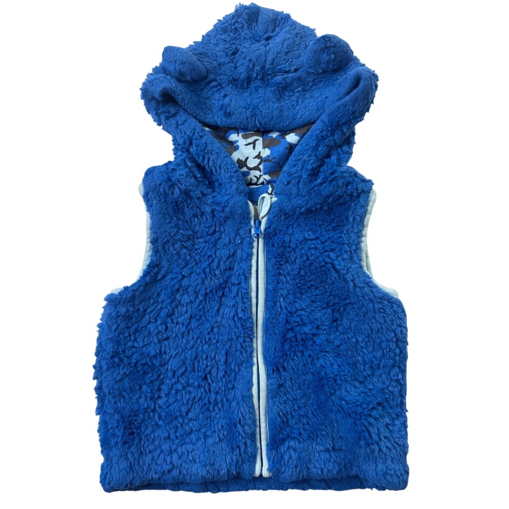 Lily & Dan Blue Faux Fur Sherpa Hooded Vest‎ with Ears 18M Camo Lining Full Zip